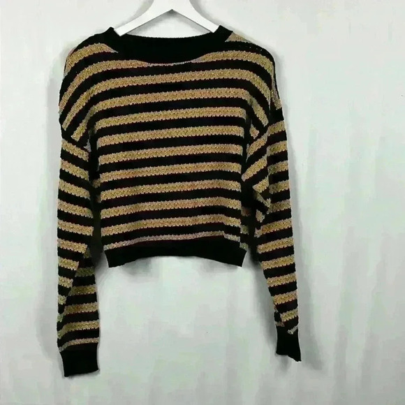 Woman Sweater Black & Gold Horizontal Stripe Long Sleeve Crew Neck Pullover 14 - Picture 1 of 9